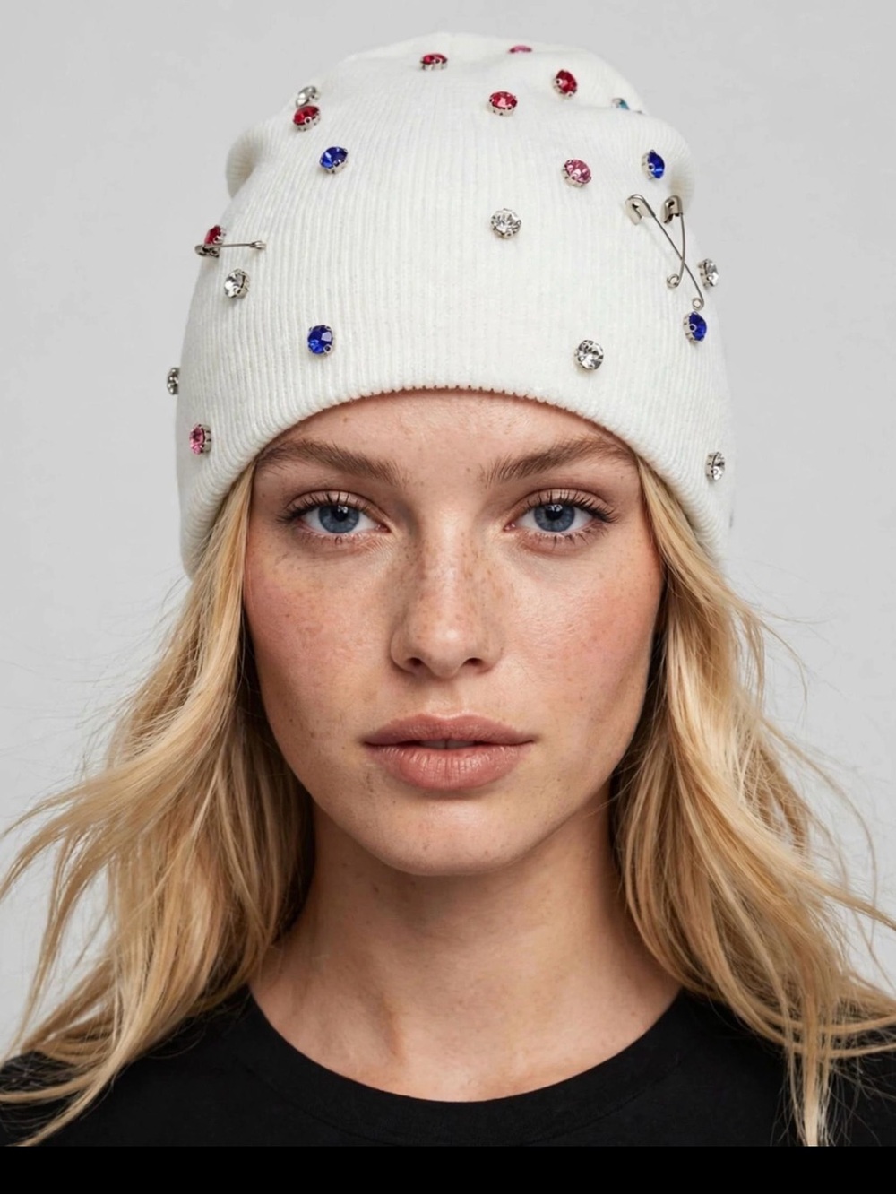 Trendy White Knit Beanie with Multicolor Crystal Embellishments - Unisex